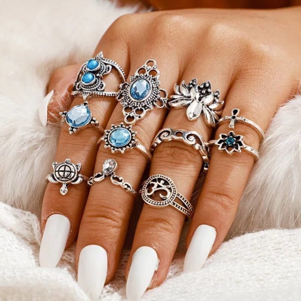 11 Piece Blue Crystal Turtle Midi Silver Tone Ring Set